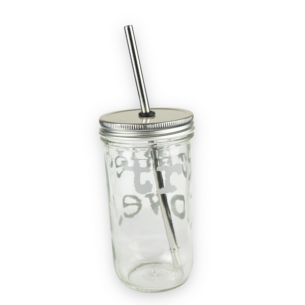 Transparent Glass Mason Jar with Colorful Lid and Reusable Straw, 500ml